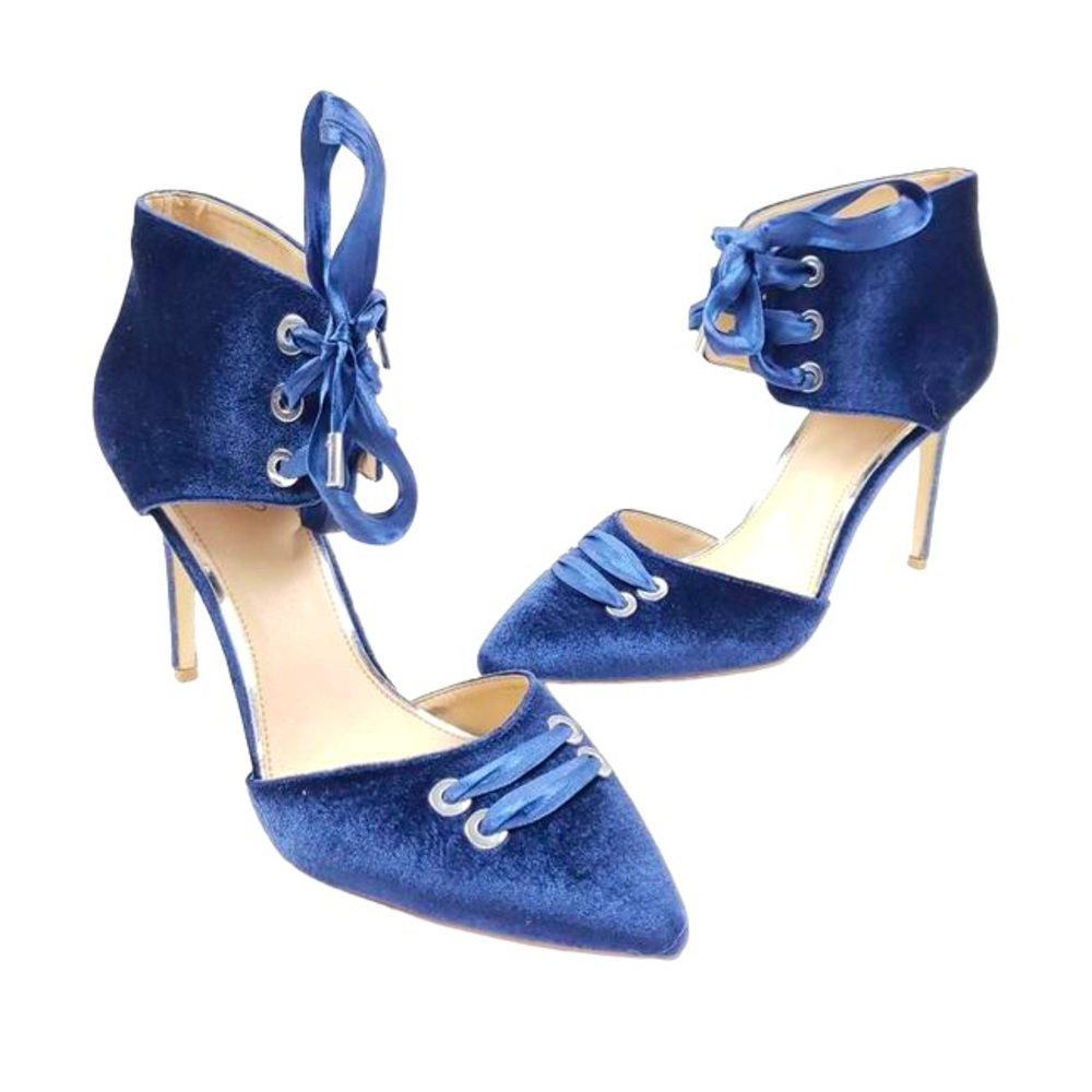 Badgley Mischka Sapphire Blue Velvet Lace Up Stilettos. 
Size 10. 
Pristine.